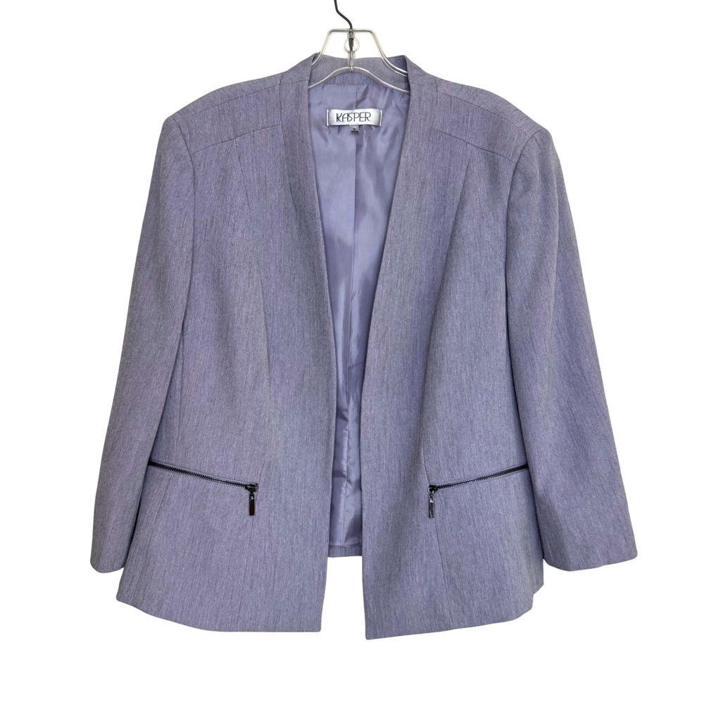Kasper Blazer Jacket Women 16 Purple 3/4 Sleeve Open Front Zipper Pocket Classic